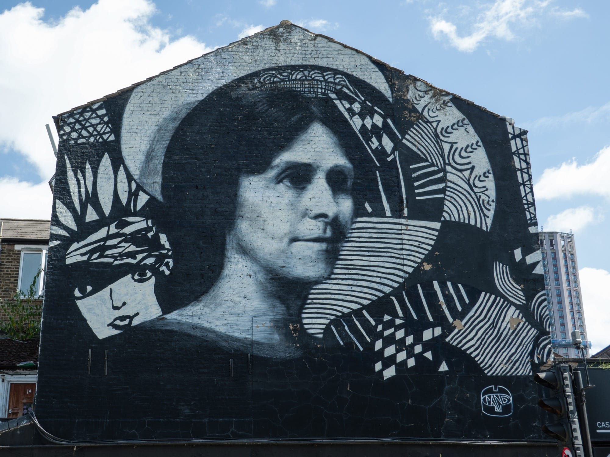 Black and white mural by PANG by Madge Gill