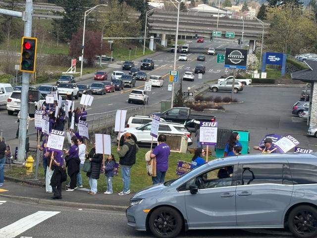 Workers at Good Samaritan Hospital in Puyallup picket along South Meridian on April 3, 2026. The union is advocating for higher wages, more affordable health care and better staffing.