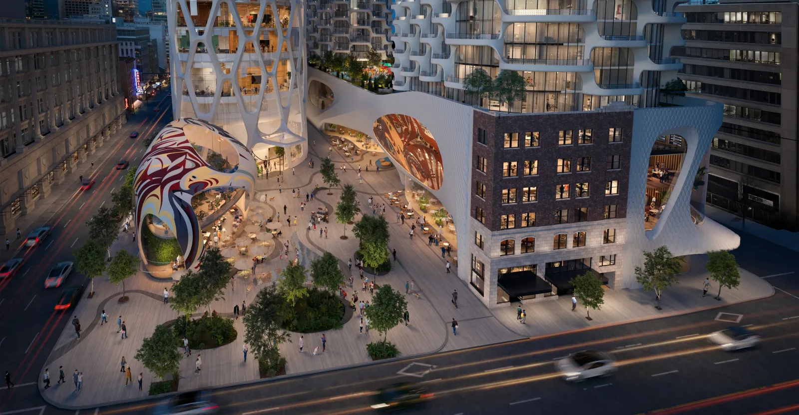 A rendering of the view of the public plaza at the ground level from West Georgia Street.