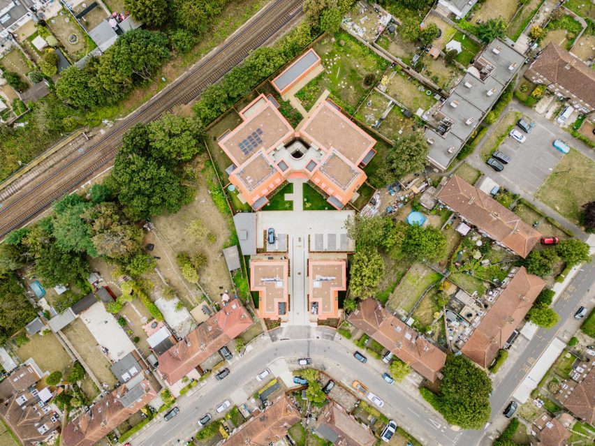 Aerial view of Farmstead Road, Phoenix community housing by Metropolitan Workshop