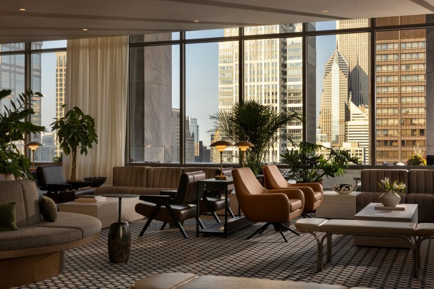 Tower upper-floor lounge with views of the Chicago skyline