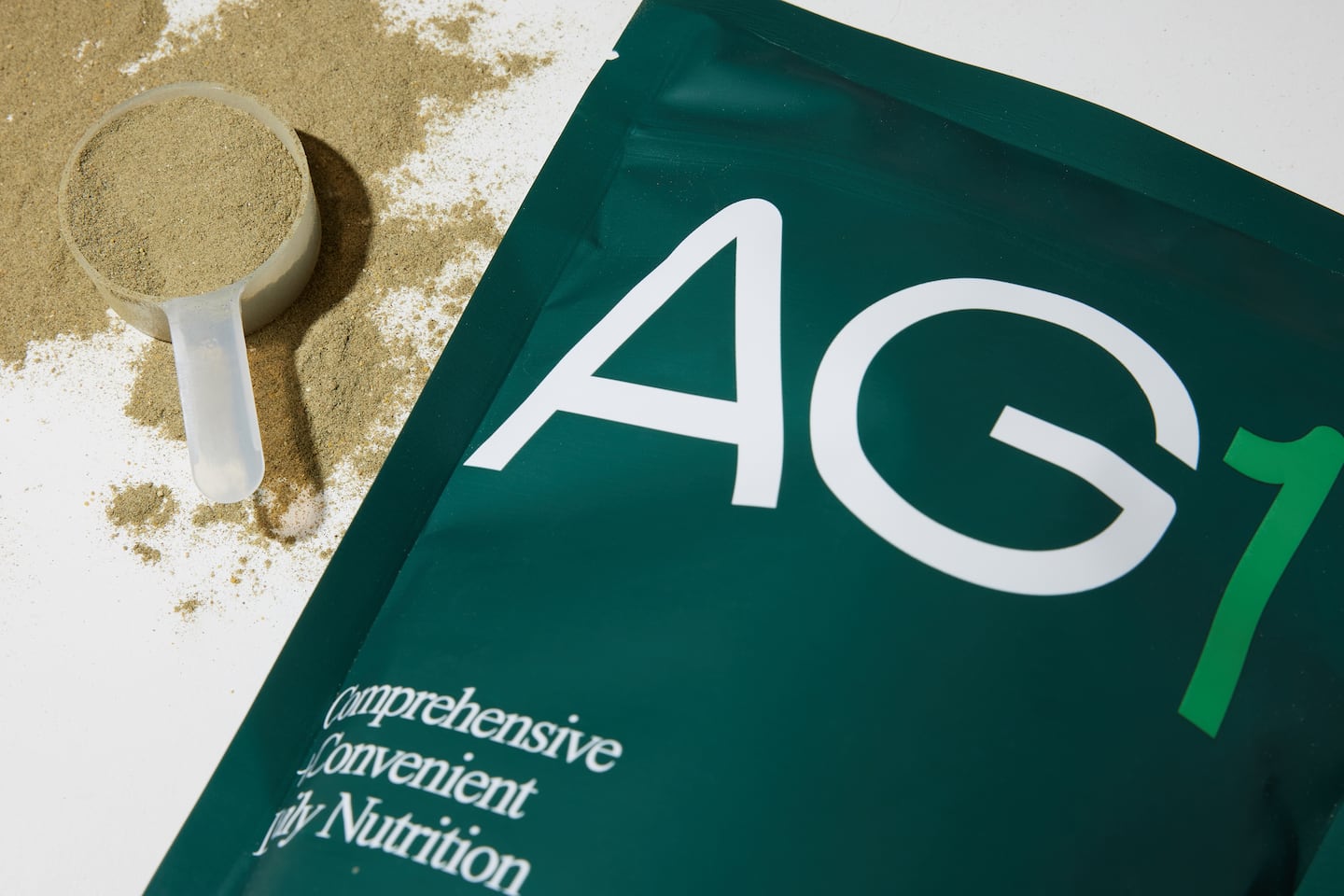 A bag of AG1 superfood powder, formerly known as Athletic Greens.