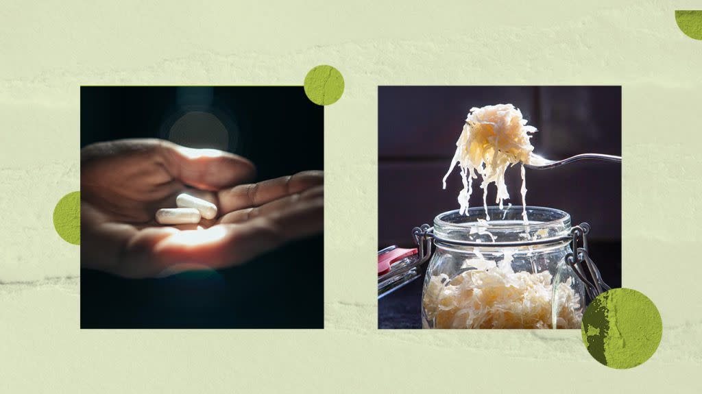 Collage of jars of probiotic supplements and sauerkraut