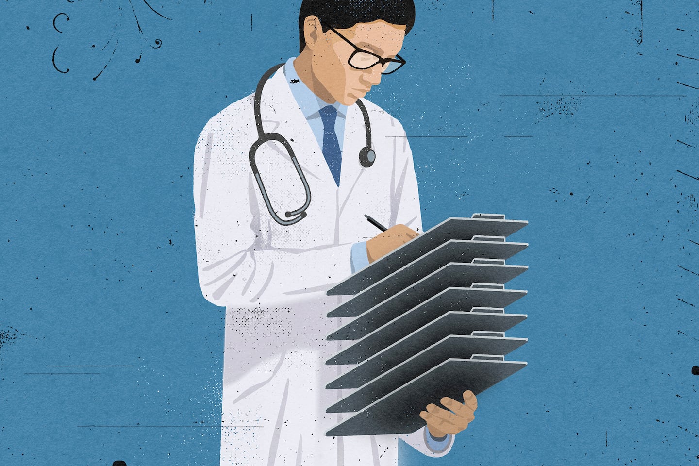 Illustration of a doctor holding several clipboards.