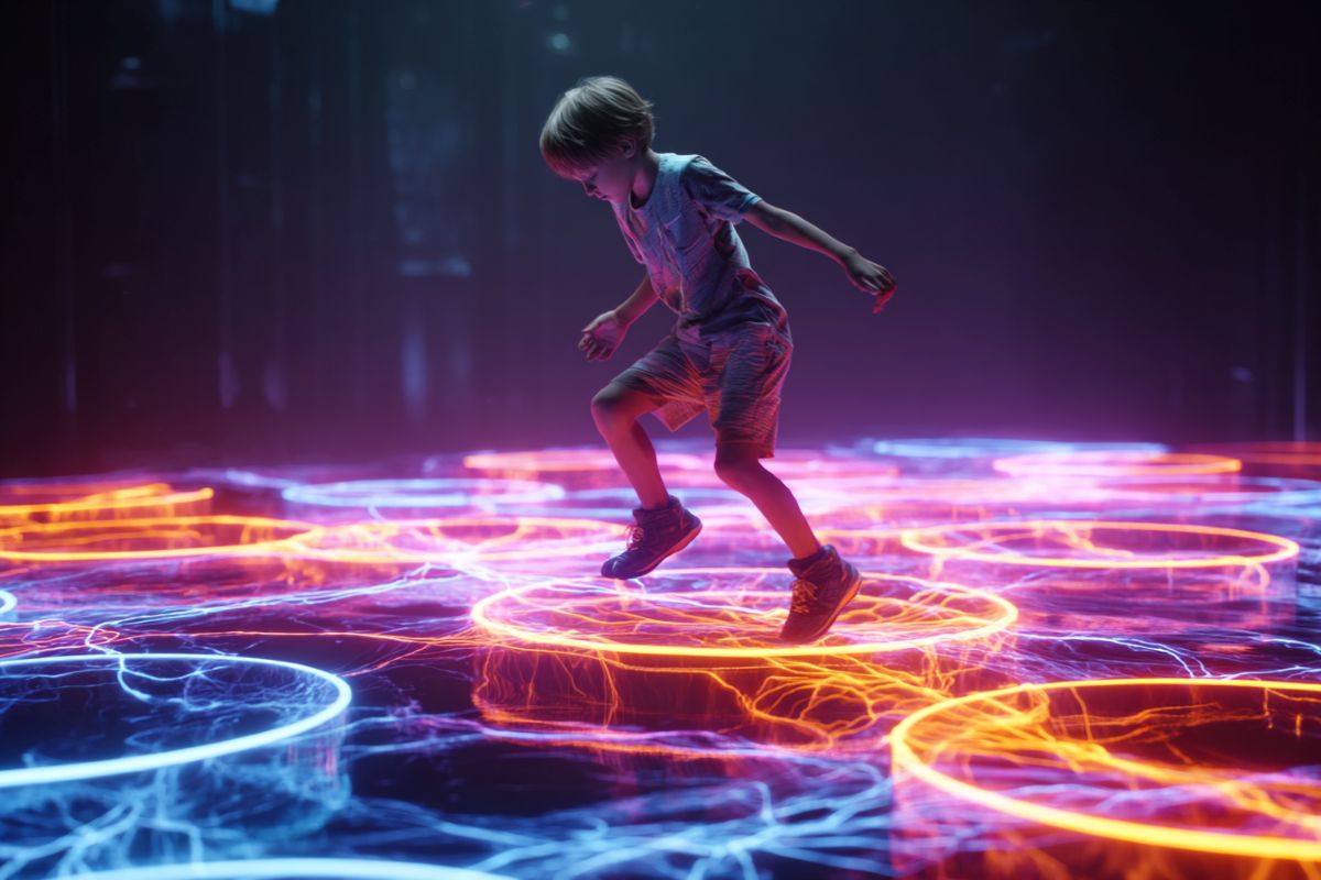 This shows a child jumping on glowing blocks.