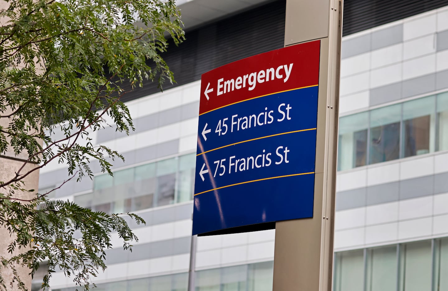 An emergency sign at Brigham and Women's Hospital in Boston in 2024.