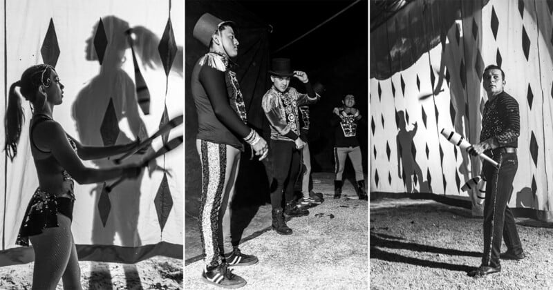 A collage of three black and white photos shows circus performers practicing. A woman juggling shadows behind her, three men preparing backstage, and a man juggling pins in front of patterned curtains.