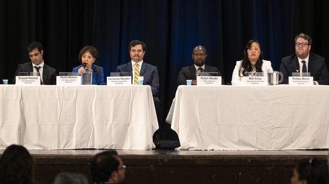 Congresswoman Doris Matsui (second from left) speaks at the CA District 7 Congressional Candidates Forum held at the Coloma Center in Sacramento on Thursday, April 2, 2026. Candidates from left listen: Enayat Nazat, Zakaria Wooden, Ralph Nwobi, Mai Vann, and Robbie Morin.