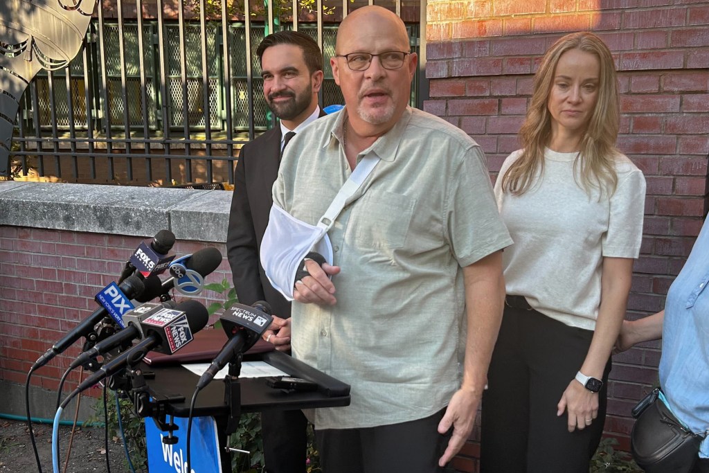 UFT President Michael Mulgrew joins Democratic mayoral candidate Zoran Mamdani outside IS5 in Elmhurst, Queens.